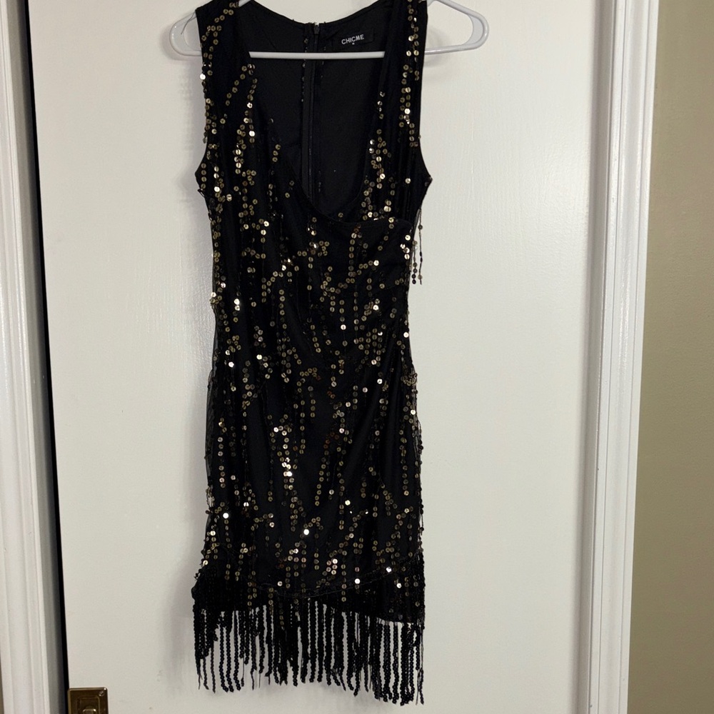 Sleeveless Black Sequin Mini Dress with Gold Accents by Chic Me